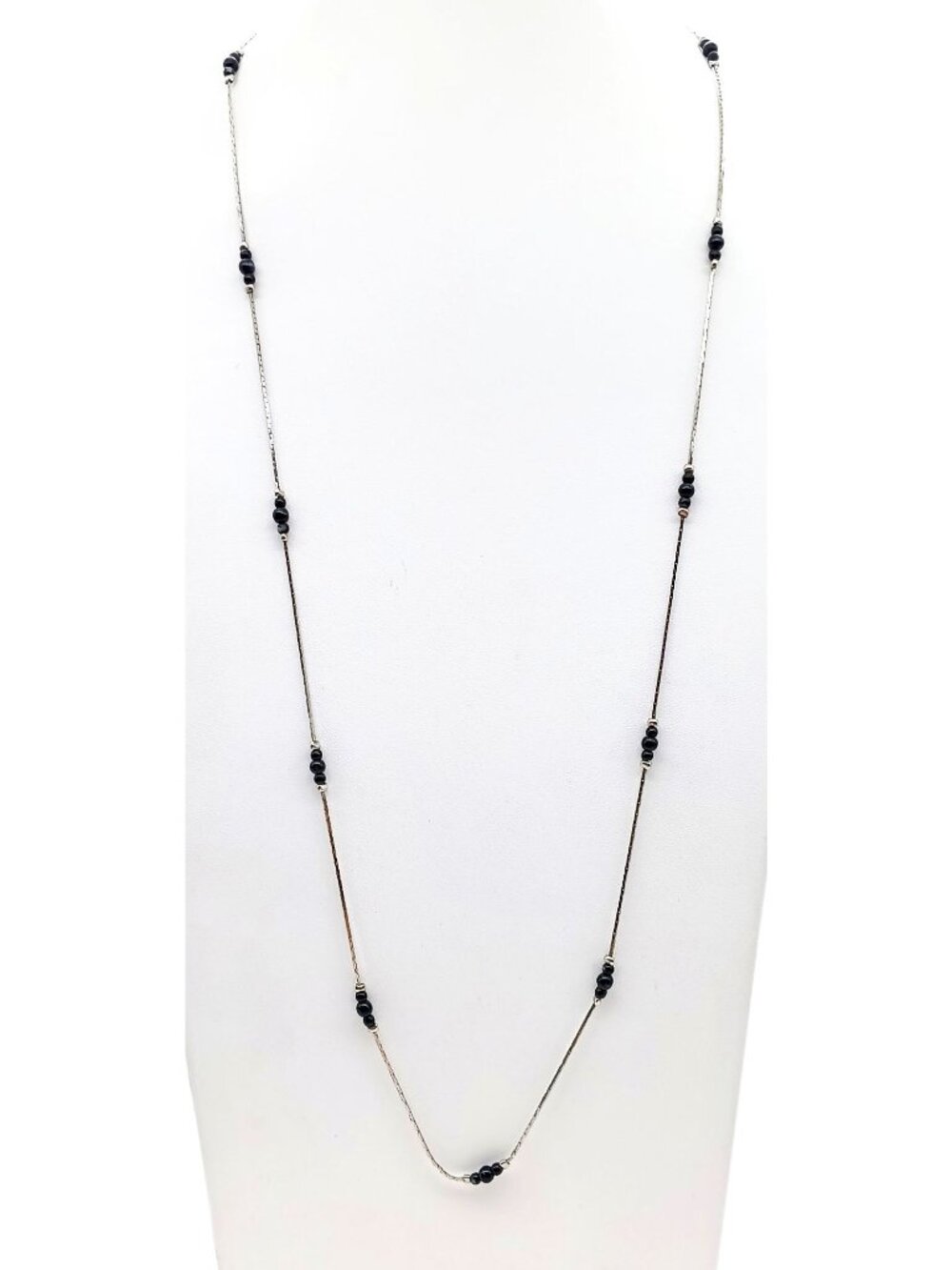 Vintage Dainty Minimalist Necklace, Silver Tone Chain with Triple Navy Blue Bead